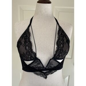 La Senza Black Floral Lace Longline Bralette Lingerie Top Sheer Cutout Large